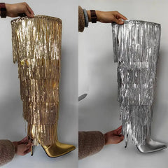 Pointed Toe Metallic Fringe Boots