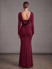 Burgundy Long Sleeve Draped Corset Maxi Dress