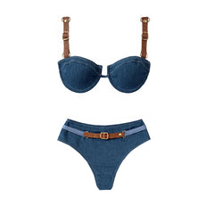 Denim Print Bikini Set with Wrap Skirt