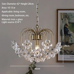 Retro pastoral French chandelier with clear glass petal shades and gold iron suspension in elegant living room