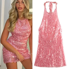 Pink sequin dress worn by a model and shown from different angles on a white background.