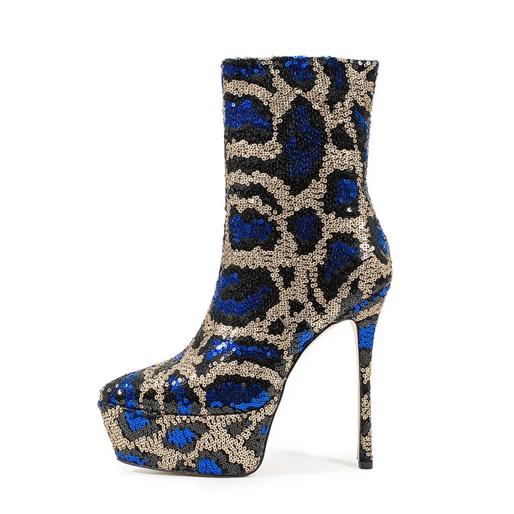 Blue and gold leopard print platform boot on a white background