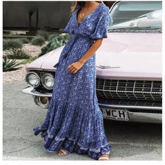 Bohemian floral print V-neck maxi dress with short sleeves
