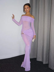 off shoulder mesh maxi dress with metal waist accent
