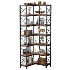 Vertical modern bookcase in a home office corner with plants and décor