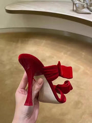 Pink Velvet Bow Stiletto Mules