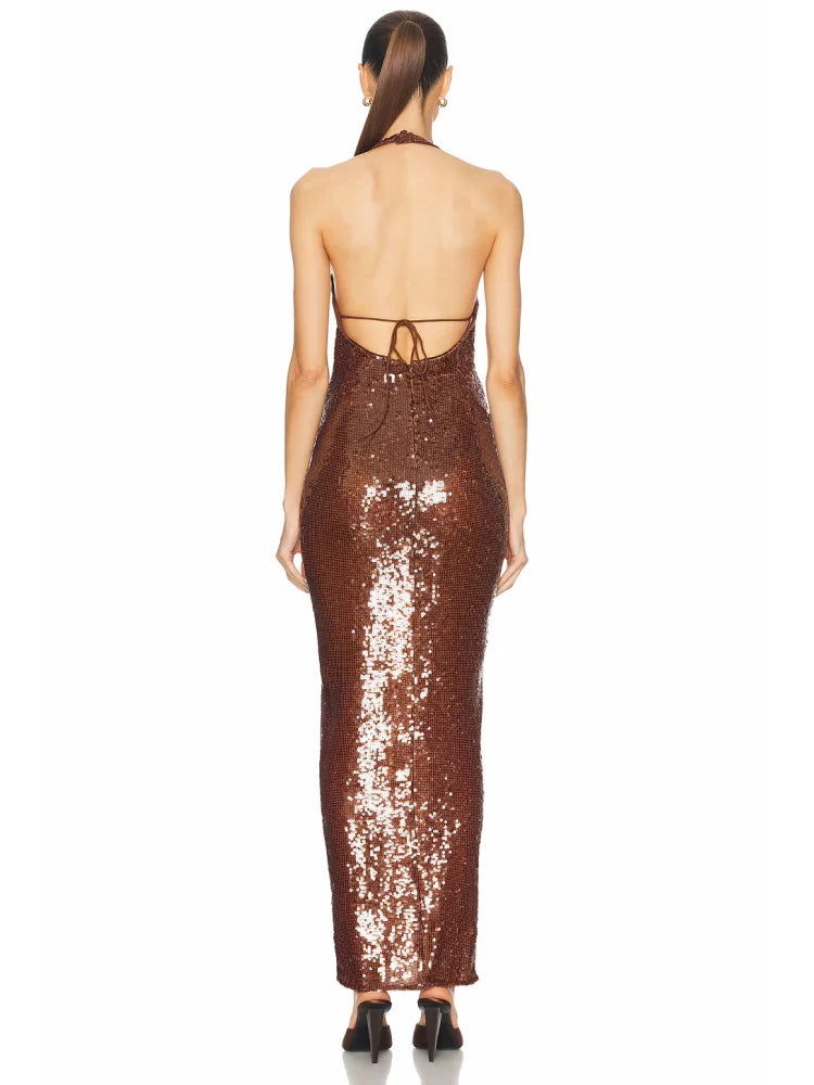 Brown sequin dress worn by a model 