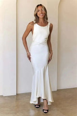 Satin Backless Asymmetrical Hem Maxi Dress