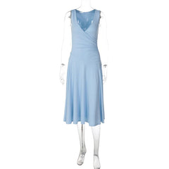 V-Neck Wrap Sleeveless Ruched Midi Dress