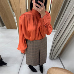 Standneck Long Sleeve Blouse with Fold Ribbon and Button Cuffs