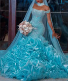 Crystal Mermaid Aqua Blue Prom Dress Ruffled Layered Long Gowns