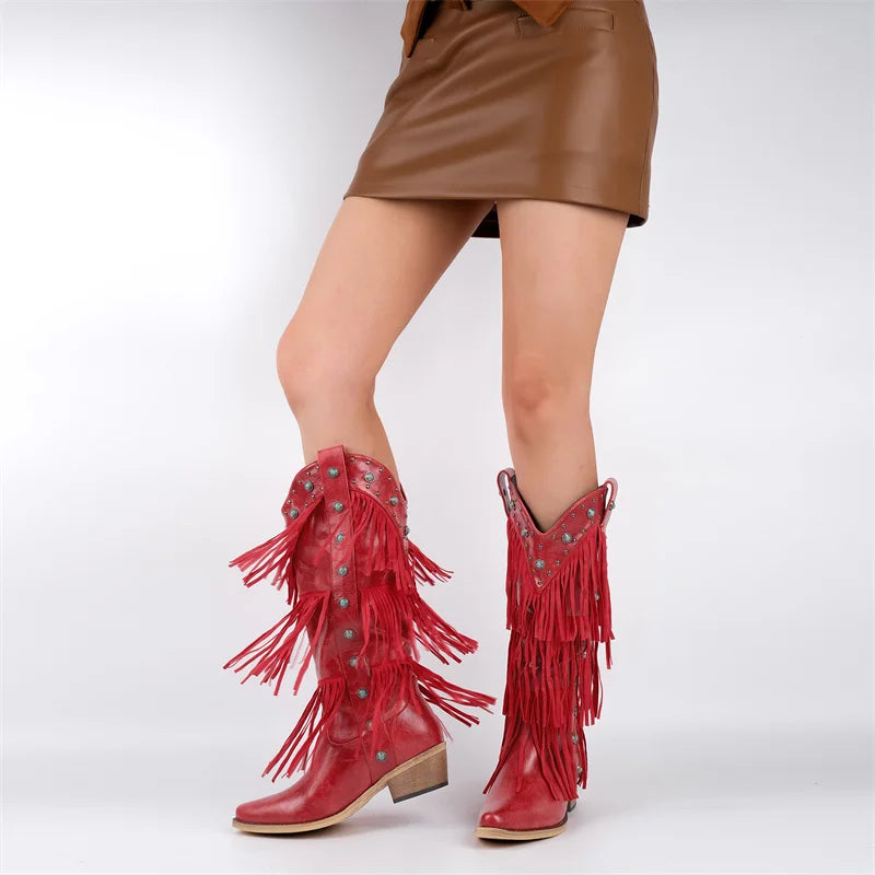Fringe pointed toe western boots