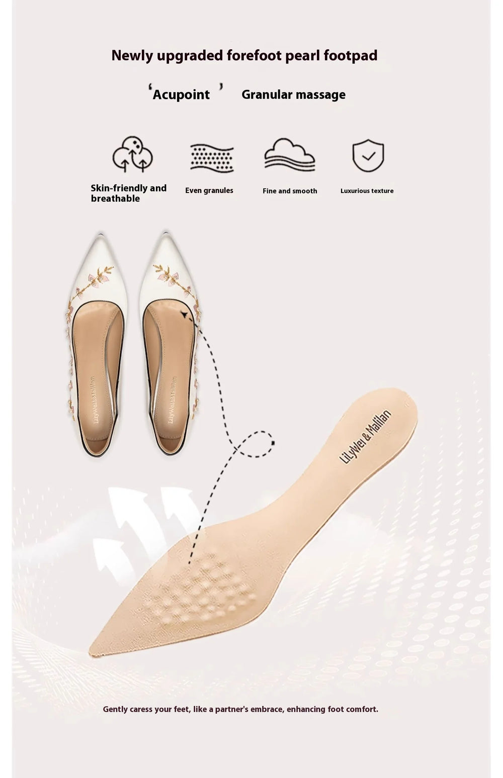 Shoe insole with pearl footpad and white pointed-toe shoes on a light background
