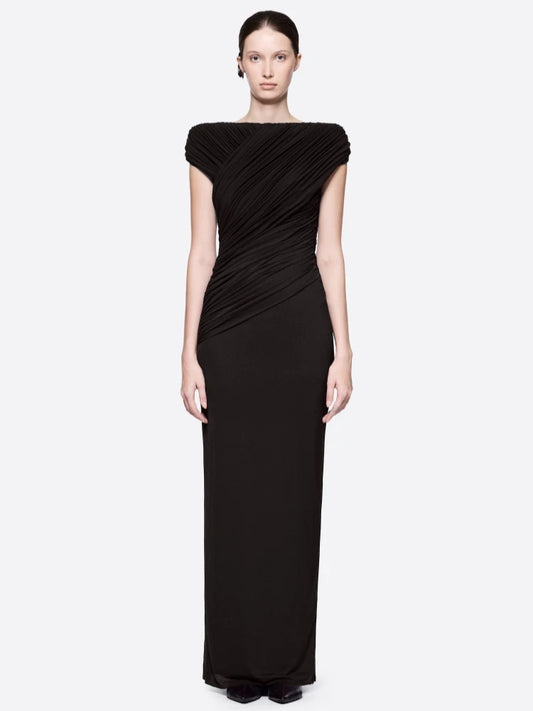 Draped Fold Detail Cap Sleeve Maxi Dress in black