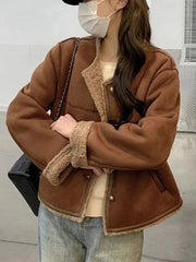 A woman wearing a stylish brown faux lamb fur coat with an O-neck design, posing in a winter setting. Golden Atelier 2