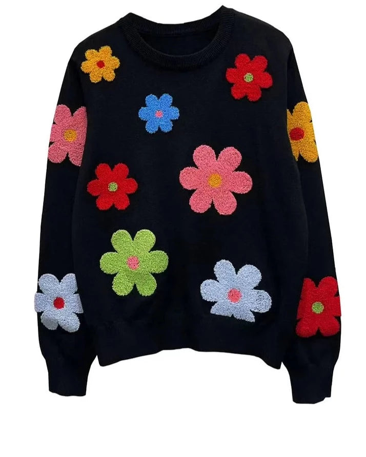 Floral Embroidery Sweater O Neck Knitted Pullover