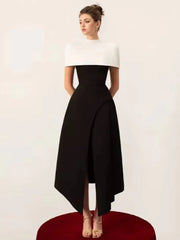 Colorblock asymmetrical midi dress with mock neck