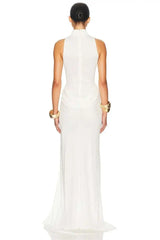 Woman wearing a white sleeveless dress on a white background