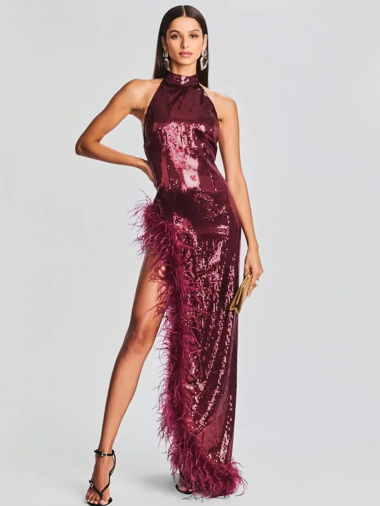 Halter Feather Sequin Backless Women's Wine Red Dress