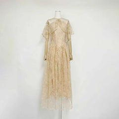 Lace Cape Sleeve Strapless Maxi Dress