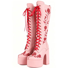 Floral Embroidery Lace Up Platform Boots