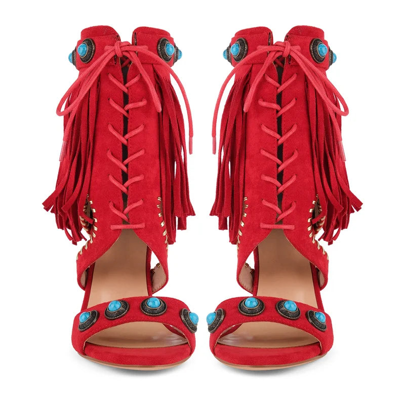 Red fringe jewel embellished stiletto boots with lace-up front