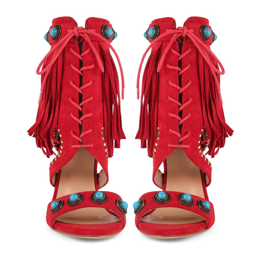 Red fringe jewel embellished stiletto boots with lace-up front