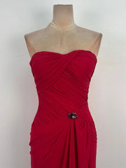 Red Strapless Draped Ruched Gown