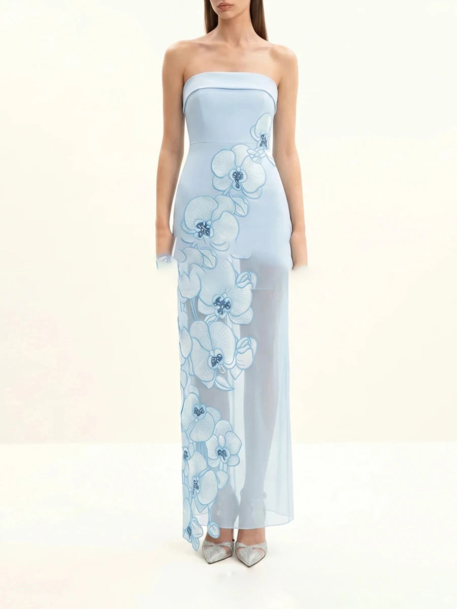 Light blue floral print strapless maxi dress with sheer overlay