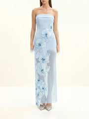 Light blue floral print strapless maxi dress with sheer overlay