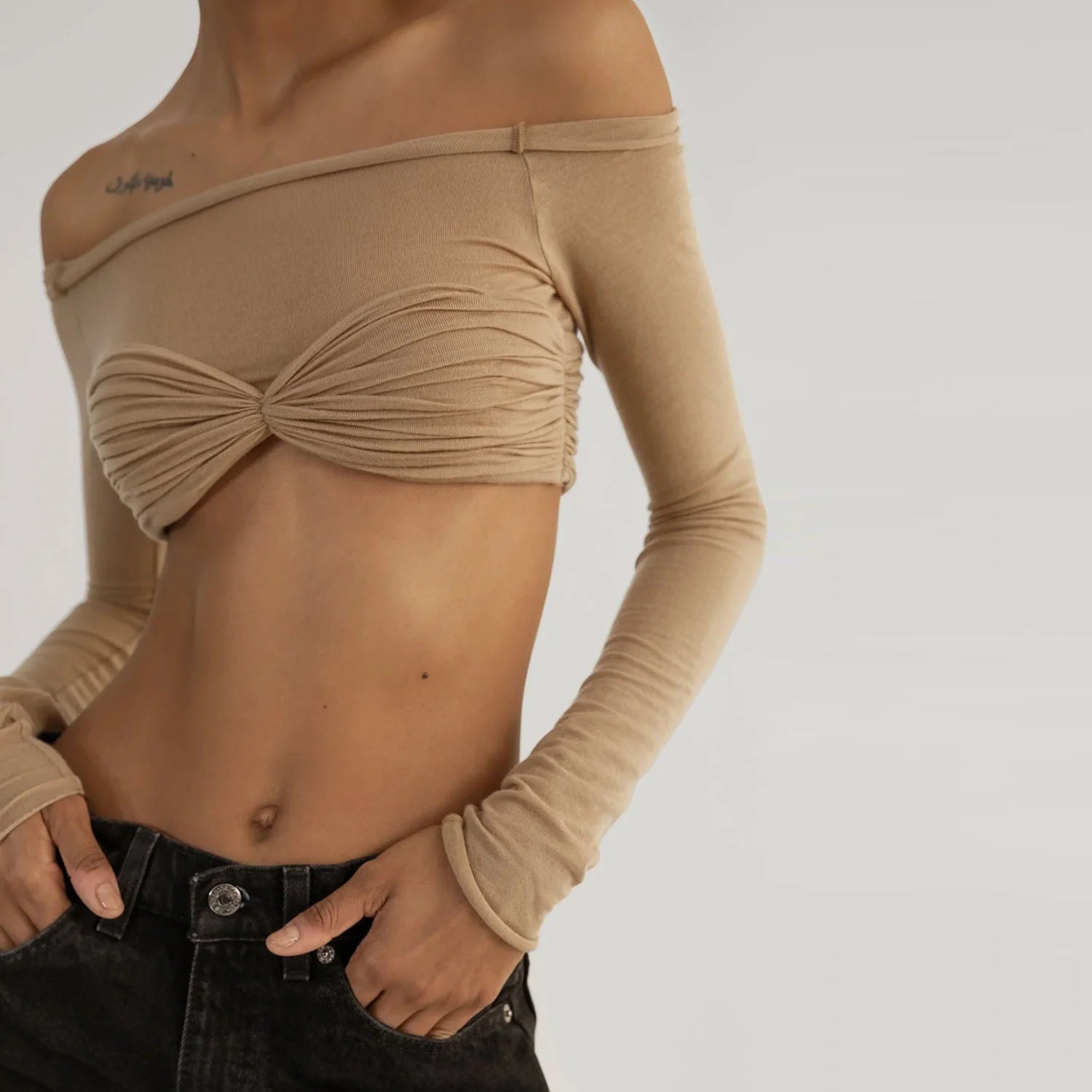 Ruched Bandeau Mesh Long Sleeve Top