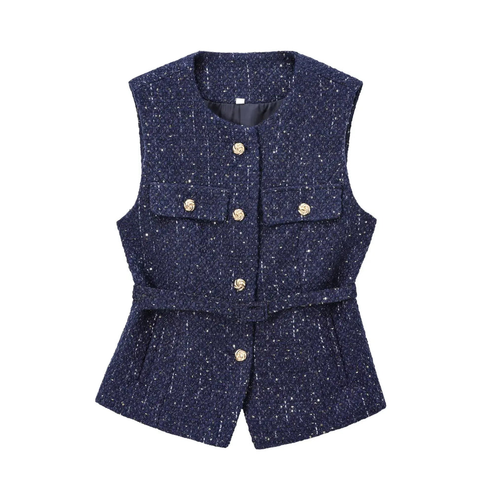 Navy blue patterned vest with gold buttons