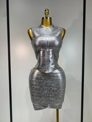 Silver mock neck sleeveless top and mini skirt set