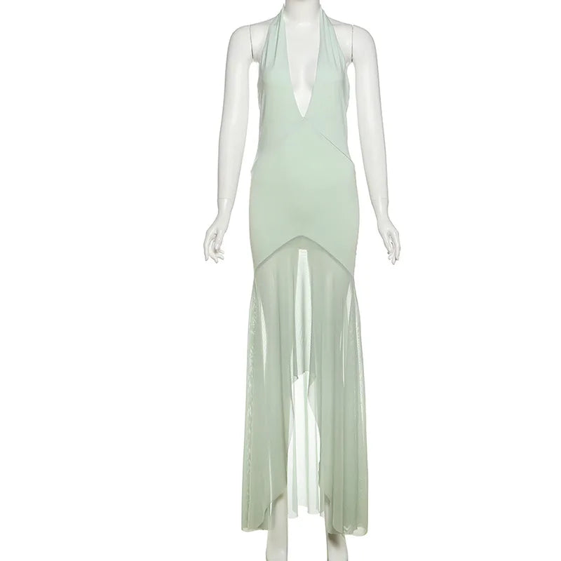 Light green halter neck dress on a mannequin against a white background