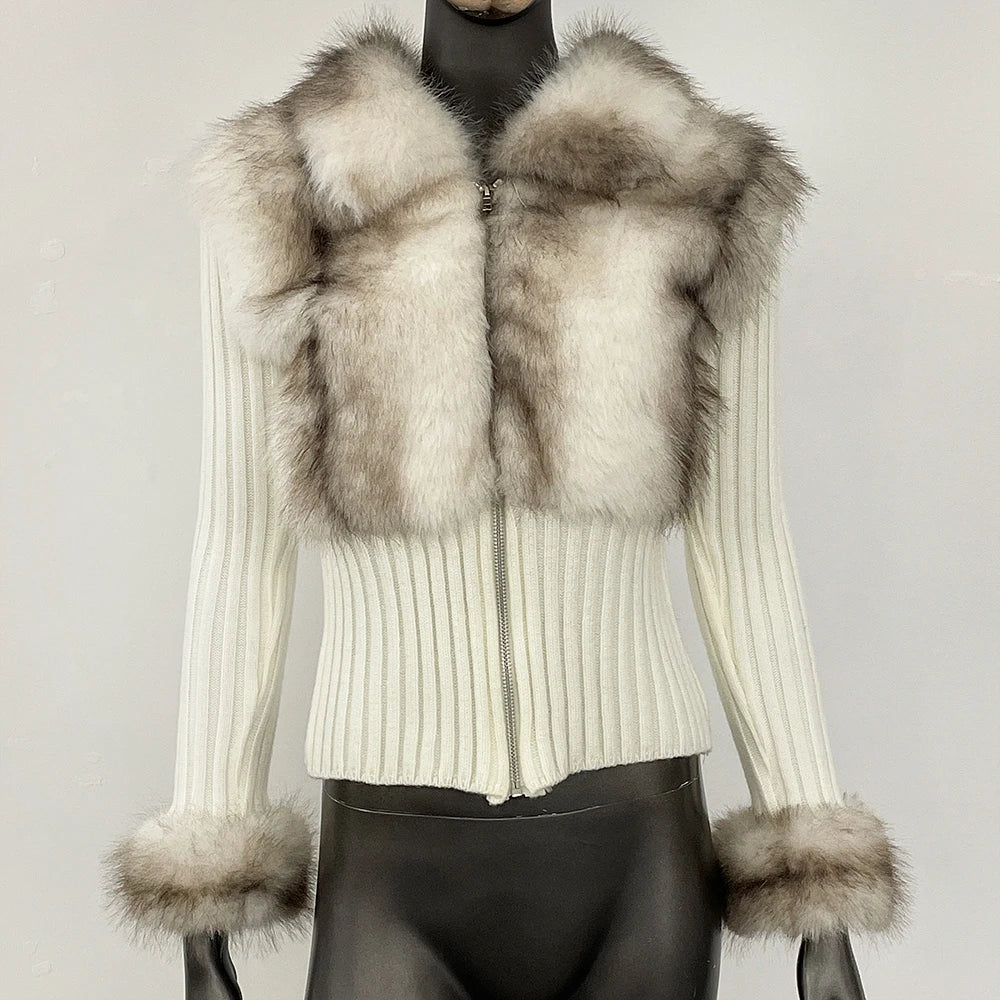 ivory ribbed knit faux fur sweater jacket