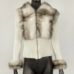 ivory ribbed knit faux fur sweater jacket