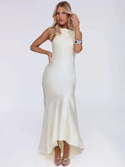 Satin Backless Asymmetrical Hem Maxi Dress
