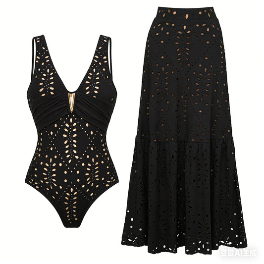 Black V-neck ruched cutout one-piece swimsuit and flowing maxi skirt set