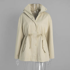 Drawstring Waist Standing Collar Trench Coat