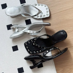 Studded Square Toe Flip Flop Sandals
