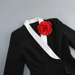 Peplum Blazer with Contrast Lapel and Flower Brooch