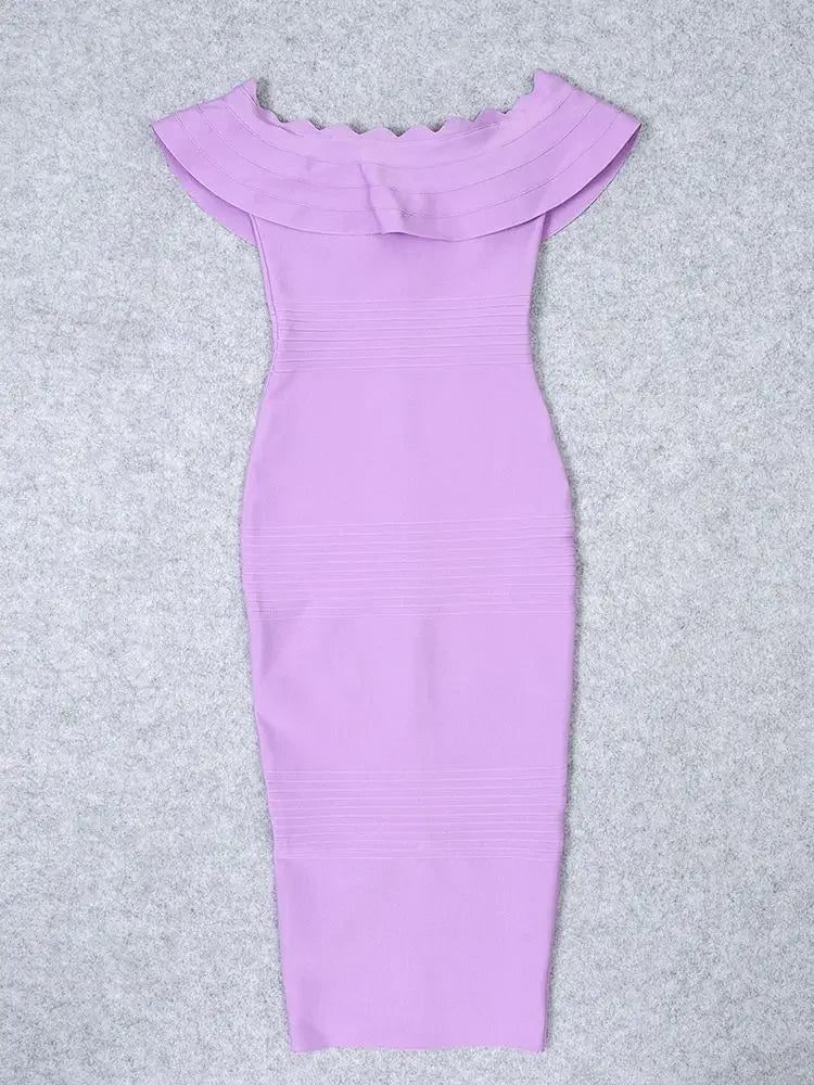 Purple off-shoulder dress on a gray background