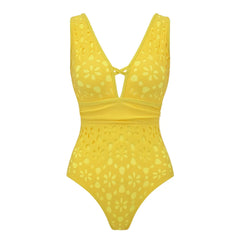 V-Neck Plunge Eyelet One-Piece Swimsuit with Matching Maxi Skirt Set