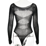Patchwork Mesh Long Sleeve Hollow Out Bodysuit