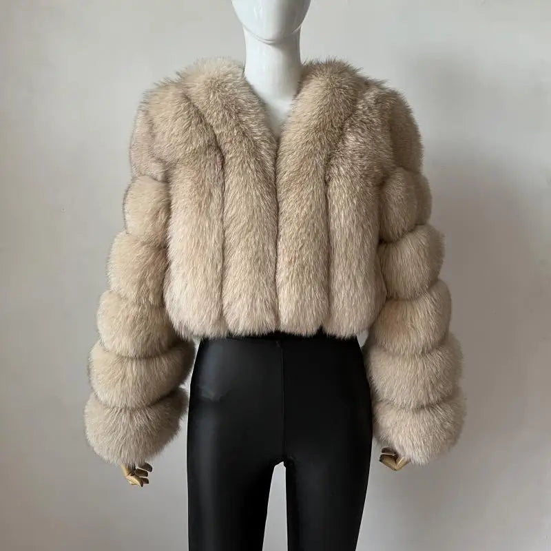 beige fox fur short jacket women