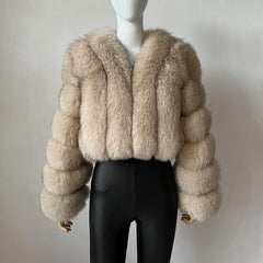 beige fox fur short jacket women