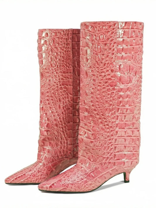 Pink kitten heel crocodile pattern knee high boots