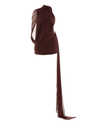 Brown evening gown with sheer overlay on a white background