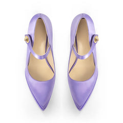 Top view of purple satin pointed toe Mary Jane heels with gold buckle detail