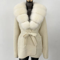 black knit coat with ivory faux fur collar